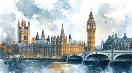 Naklejka premium Watercolor painting of Big Ben and the Houses of Parliament in London with the River Thames in the foreground.