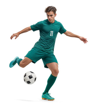 Fototapeta Professional football player in green jersey doing a midair volley ball kick