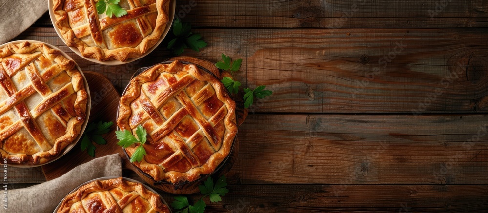 Poster round homemade pies are placed on the dishes. copy space image. place for adding text and design