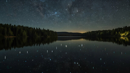 A clear night sky filled with twinkling stars above a calm, reflective lake. Background