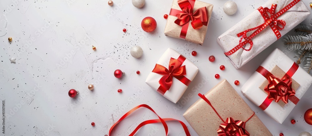 Poster various christmas gifts on a light background. copy space image. place for adding text and design