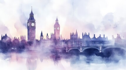 Obraz premium Watercolor painting of London's iconic skyline at sunset, featuring Big Ben and the Houses of Parliament with a bridge over the River Thames.