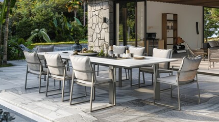 Obraz premium Modern outdoor tables made from weather-resistant materials. Perfect for eating out and entertaining.