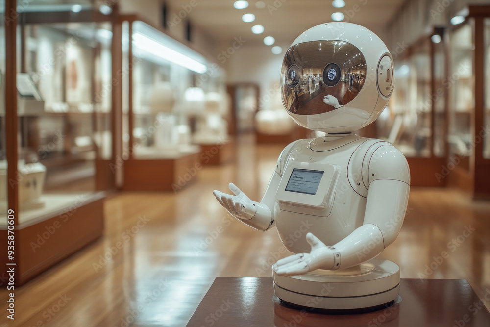 Poster white humanoid robot with a screen is standing on a pedestal in a museum, gesturing with its hands a