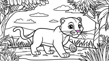 Fototapeta premium Coloring book page features cute panther in vibrant outdoor setting that invites creativity