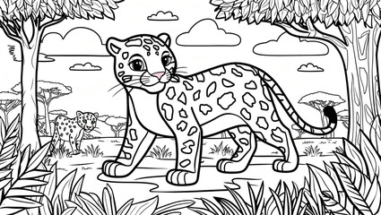 Fototapeta premium Detailed coloring book page showcases cute panther amidst lush jungle foliage and playful clouds in background