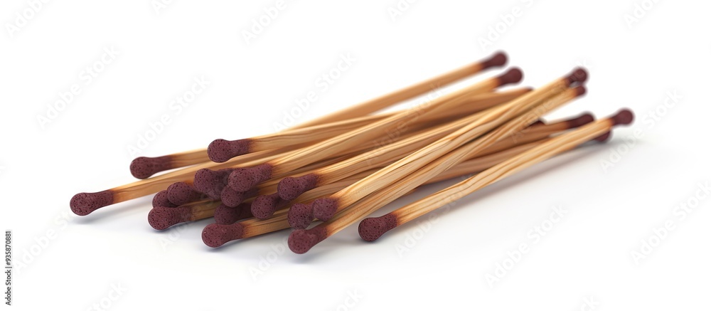 Poster small wooden matches with garnet tips on a white background. copy space image. place for adding text