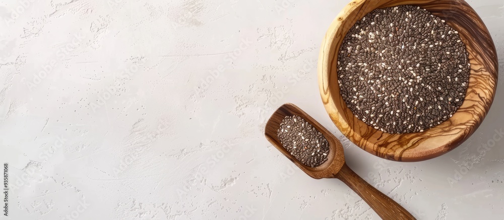 Poster chia seeds in a wooden bowl with a scoop on a white table top view. copy space image. place for addi