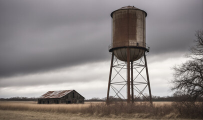A tall water tower stands in a field, with a dilapidated barn in the foreground
