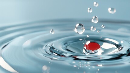 Artistic Water Droplets Creating Ripples in Clear Blue Liquid with Red Accent