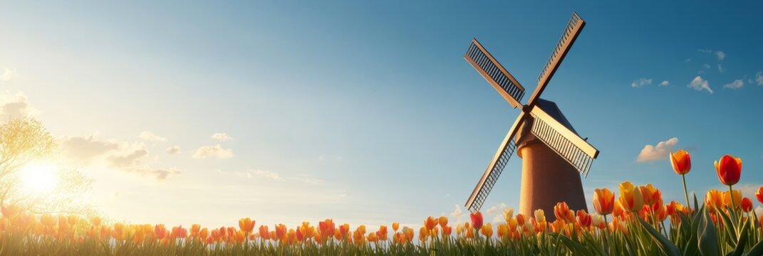 Dutch Windmill and Tulip Field at Sunset - A picturesque Dutch windmill stands tall against a backdrop of vibrant tulips blooming in a field at sunset. The scene embodies beauty, nature, tradition, an