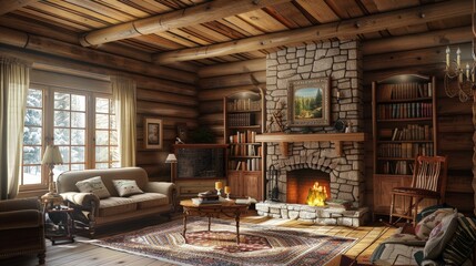 rustic log cabin, emphasizing its wooden construction, stone fireplace, and cozy interior layout.