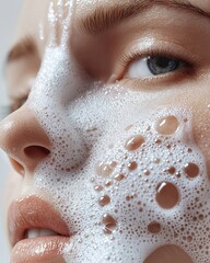 Naklejka premium Beautiful woman's face covered in cleansing foam. Beauty and cosmetics concept. Generative Ai