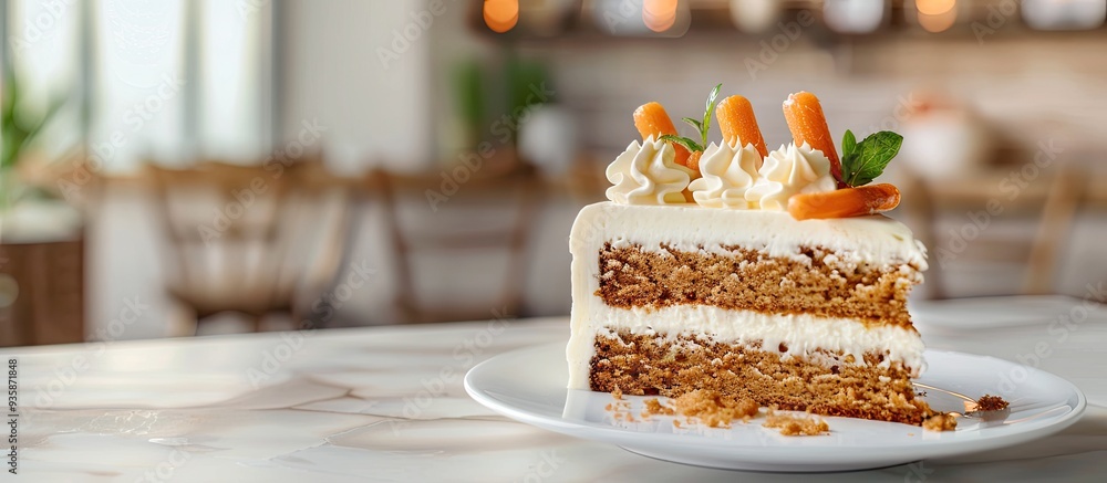 Poster carrot cake topped with cream cheese frosting and garnished with candied carrots. copy space image. 