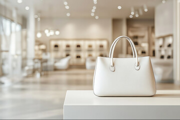 Fototapeta premium A sophisticated white handbag displayed prominently in a modern, high-end store, emphasizing elegance, style, and luxury fashion.