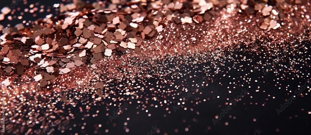 Poster rose gold glitter on a black background viewed from above with room for text. copy space image. plac