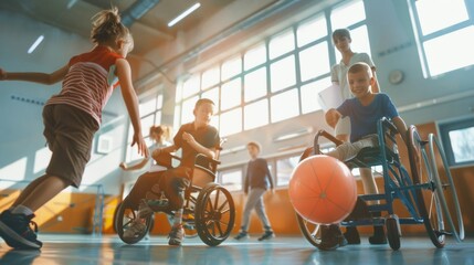 Children in wheelchairs play a game of basketball in a sunlit gymnasium, showcasing their joy and athleticism.