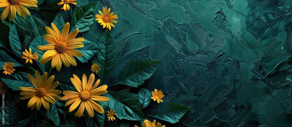 Poster yellow daisies on a dark green background with copy space and shallow depth of field