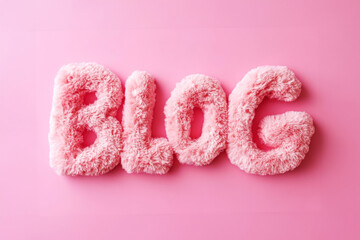 The word BLOG is spelled out using soft, plushy pink textured letters on a pastel pink background, highlighting creativity.
