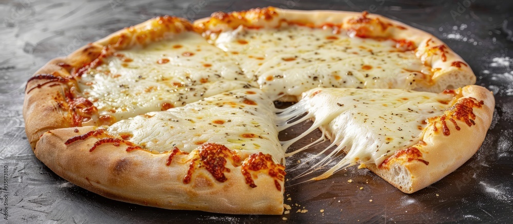 Aufkleber melted mozzarella cheese pizza set against a dark background. copy space image. place for adding tex