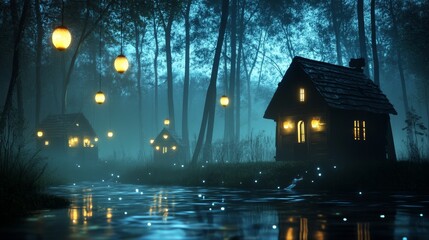 Naklejka premium Enchanting Woodland Cabin with Glowing Lanterns and a Serene River - A magical woodland scene with a cozy cabin nestled amongst tall trees. The river flows serenely, reflecting the soft glow of lanter