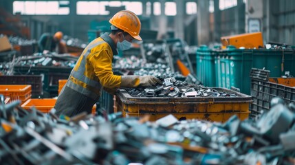 A scrapyard worker in protective gear sorts through piles of metal scrap, showcasing the gritty reality and sustainability efforts of recycling industries.
