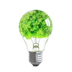 Renewable Energy Light Bulb with Green Energy Symbol on a White Background: Innovative Light Bulb Concept Featuring Green Energy Elements, Including Leaves and Eco-Friendly Symbols