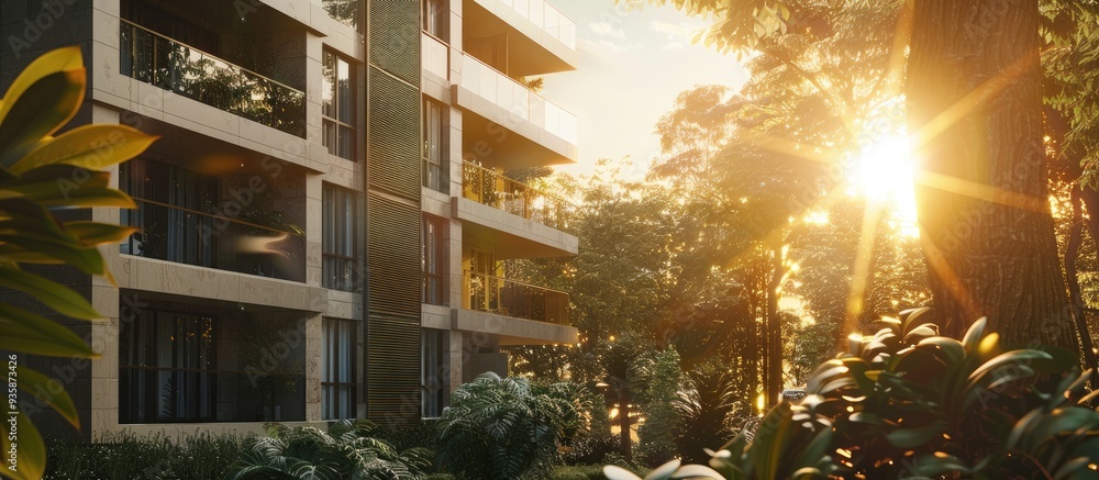 Poster sunlit apartment building enclosed by trees. copy space image. place for adding text and design
