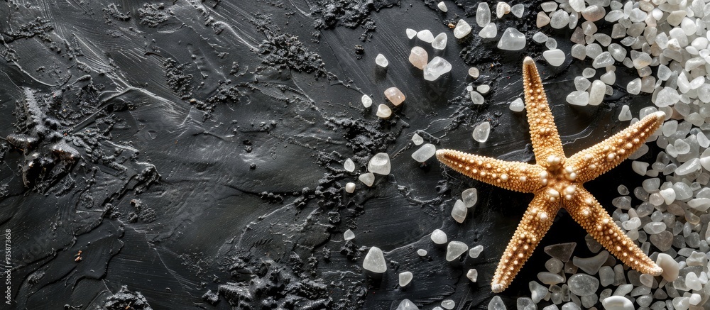 Aufkleber salt and stones arranged with a starfish on a black background create a frame copy space