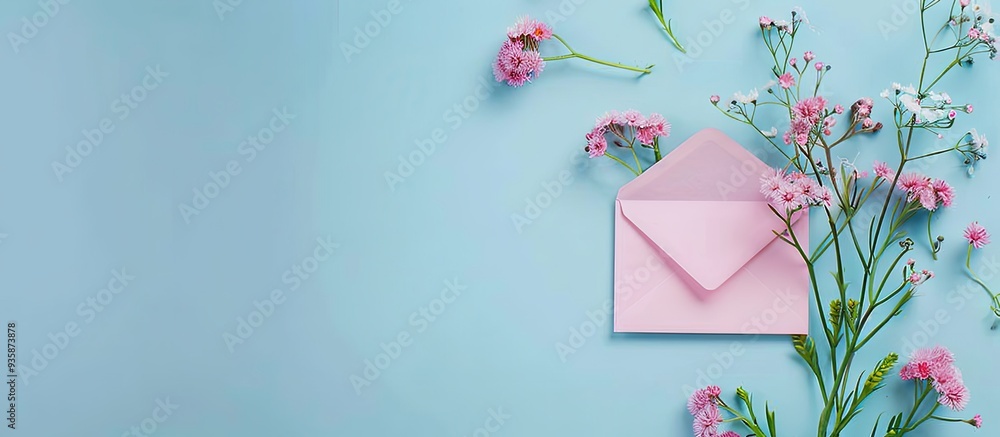 Wall mural Pink envelope and flowers on a blue background top view flat shot. Copy space image. Place for adding text and design