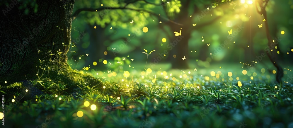 Poster blur and bokeh the green illumination in the forest. copy space image. place for adding text and des