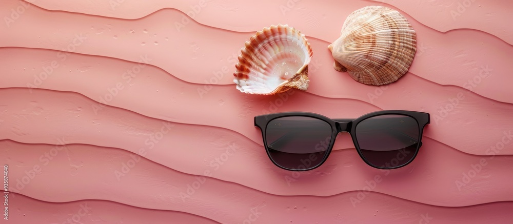 Poster sunglasses with a seashell resting on a table background sunglasses set against a summer backdrop to