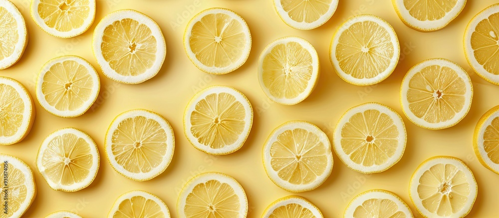 Poster pattern created with fresh lemon slices on a yellow background featuring copy space on the right top