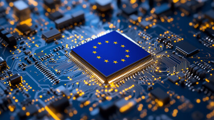 Close-up of a microchip with the EU flag, symbolizing Europe's advancements in technology and digital sovereignty.