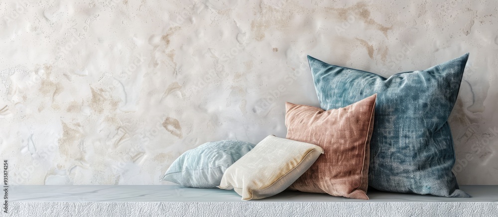 Poster decorative cushions on a shelf against a wall backdrop. copy space image. place for adding text and 