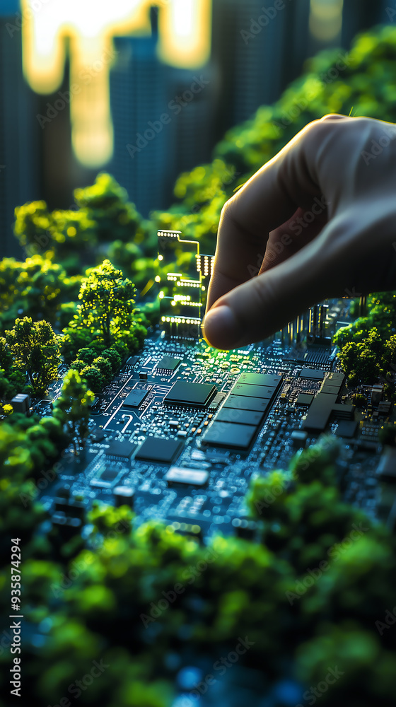 Poster Close-up of a hand interacting with a circuit board, symbolizing the integration of technology with nature in a green tech future.