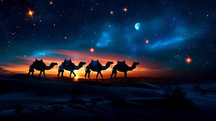 Fototapeta premium Silhouette of Four Camels Walking Through a Desert Under a Starry Night Sky