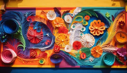 Papel picado or punched or perforated paper is a traditional  Mexican decorative craft, Colorful hispanic folk carved street decor for fiesta, holiday or carnival in Latin America, Day of Dead.