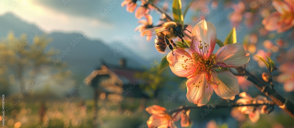 Poster bee on a peach flower with an old house in the background. copy space image. place for adding text a