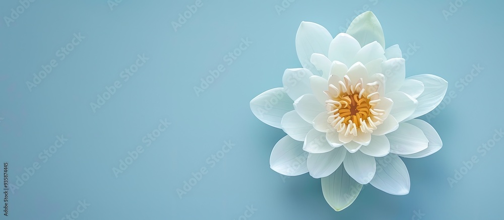 Poster beautiful white lotus flower against a light blue background top view room for text. copy space imag