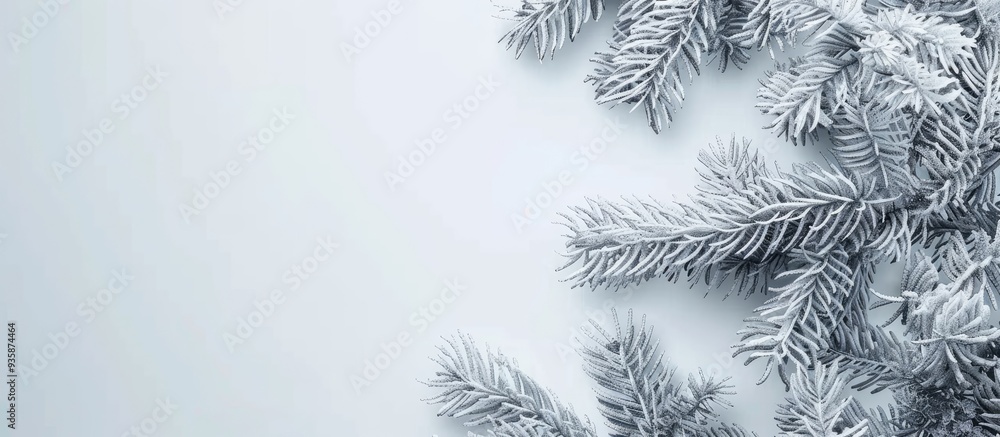 Poster white pine branches at each corner against a white background with gray patterns. copy space image. 