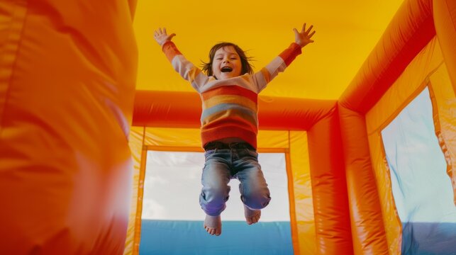 A cheerful child in a rainbow-striped sweater leaps gleefully inside a vibrant orange inflatable bouncy house, radiating happiness.