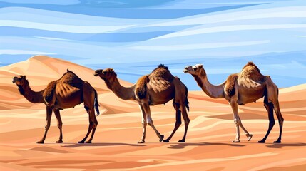 Three Camels Walking Across Desert Dunes