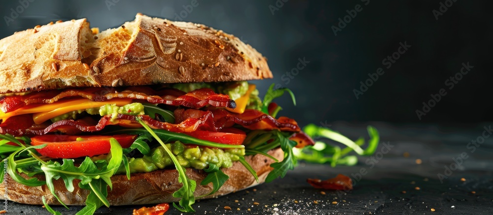 Poster fresh sandwich with guacamole tomatoes arugula and bacon. copy space image. place for adding text an