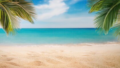 seascape with palm branches and clean sand in the foreground