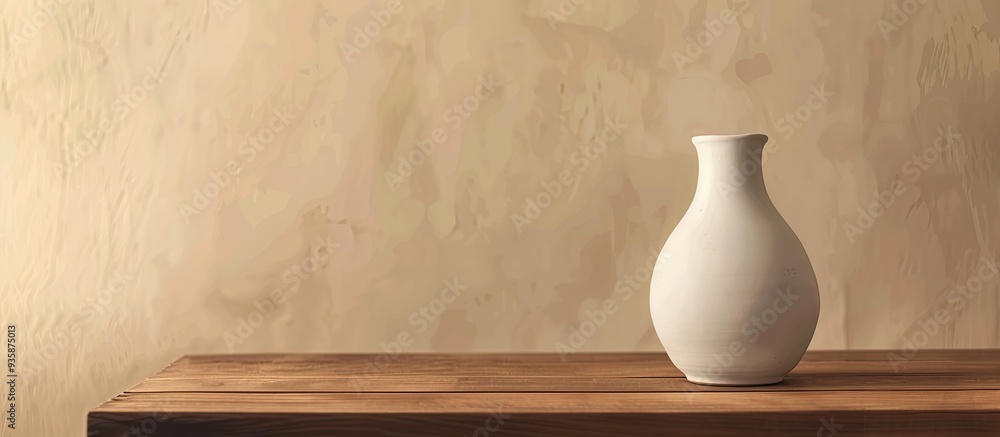 Poster white ceramic vase on a brown wooden table with a beige wall in the background. copy space image. pl