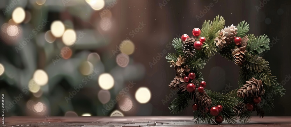 Poster christmas wreath placed on a table. copy space image. place for adding text and design