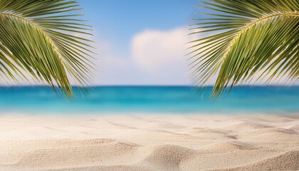 seascape with palm branches and clean sand in the foreground