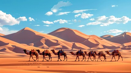 Fototapeta premium Camel Caravan Crossing Desert Dunes Under a Blue Sky