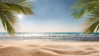 seascape with palm branches and clean sand in the foreground